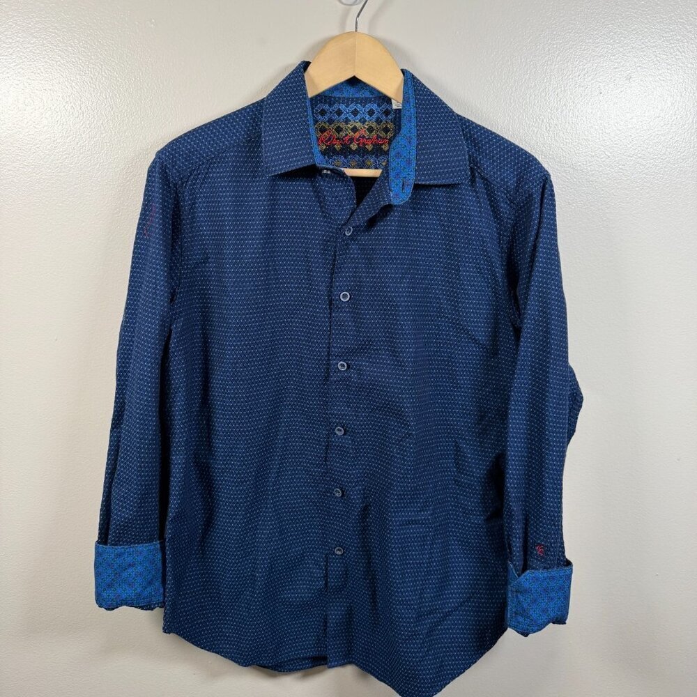 Robert Graham Button Up Shirt Size Medium Blue Flip Cuff Classic Fit Work Career
